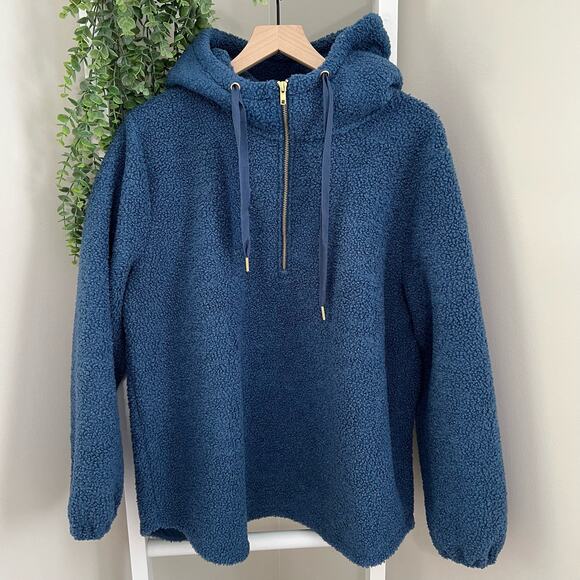 Loft Sherpa Quarter zip Hoodie Jacket Women's size XL Navy & Gold - Picture 1 of 7